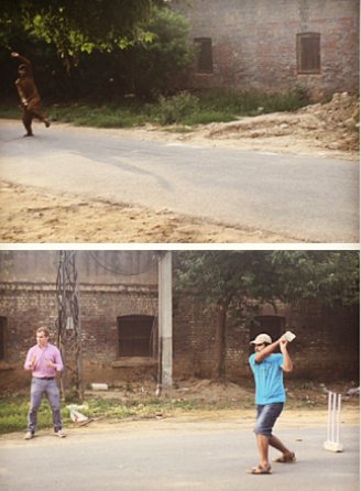Christopher McGill playing street cricket in Lahore in 2015- a game his great grandfather Alexander Wilson loved and played. He was a member of the MCC at Lords.