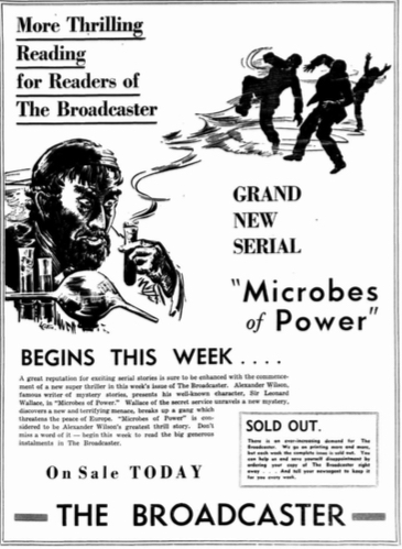 'Microbes of Power' was serialised in Australia in a story magazine called 'The Broadcaster' Image: Advert from West Australian Perth.