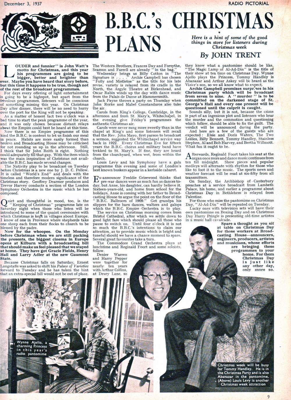 A feature article on BBC radio programming at Christmas in 1937 in 'Radio Pictorial'.